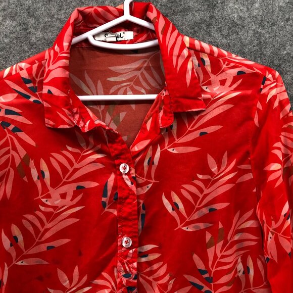 Womens Chiffon Long Sleeve Shirt Size S Red Floral Sheer Button Down Blouse - Picture 3 of 7